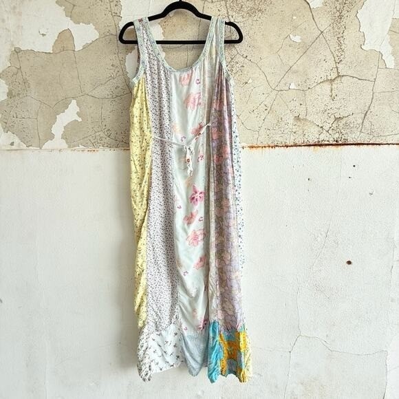 Vtg 90s Patchwork Maxi Dress Rayon Embroidered Trim Tie Back Waist Womens L Boho - Picture 6 of 8